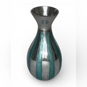 Handcrafted Aluminum & Enamel Decorative Vase 10” Silver Teal Made In India Boho